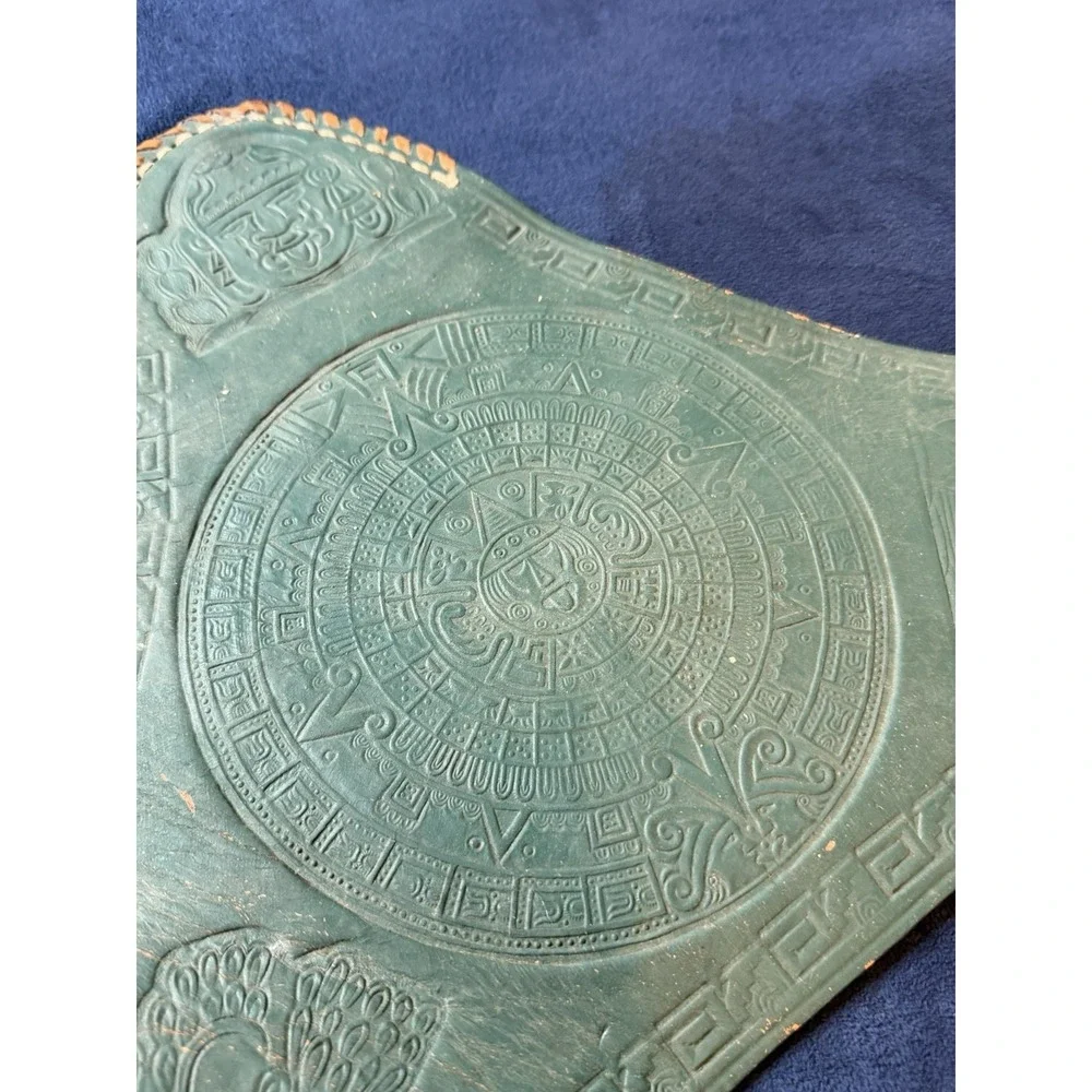 Vtg Hand Stitched Leather Tripod Seat Cover Aztec Design Genuine Leather Green